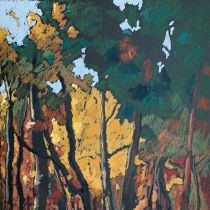 Laski - jesień, tłusty pastel, 50 x 35 cm, 2021